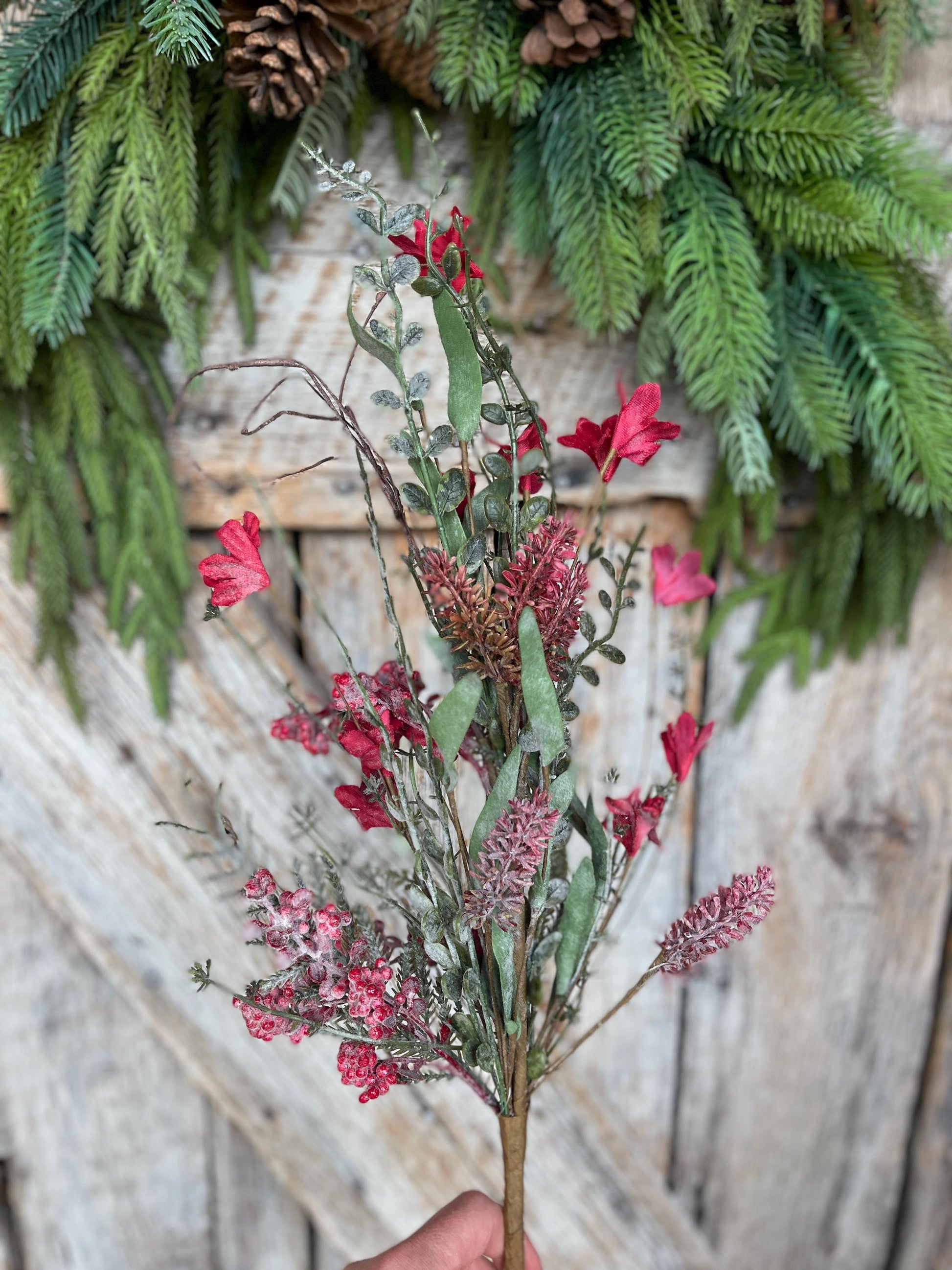 24" Frosted Red Christmas Bush, Christmas 60919, Red Berry Filler Bush
