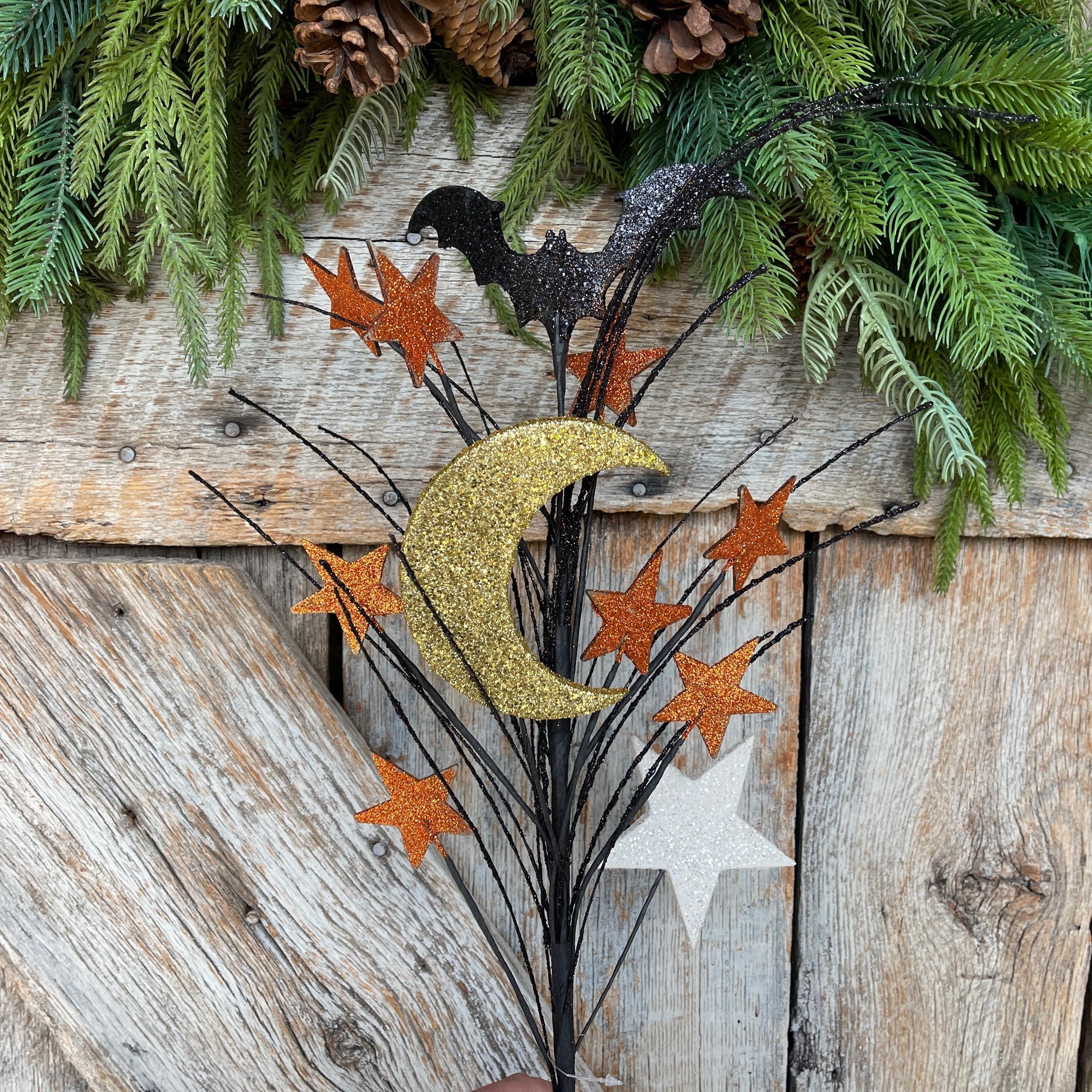 29" Halloween Spray, Gitter Crescent Moon Bat Spray, Halloween Spray