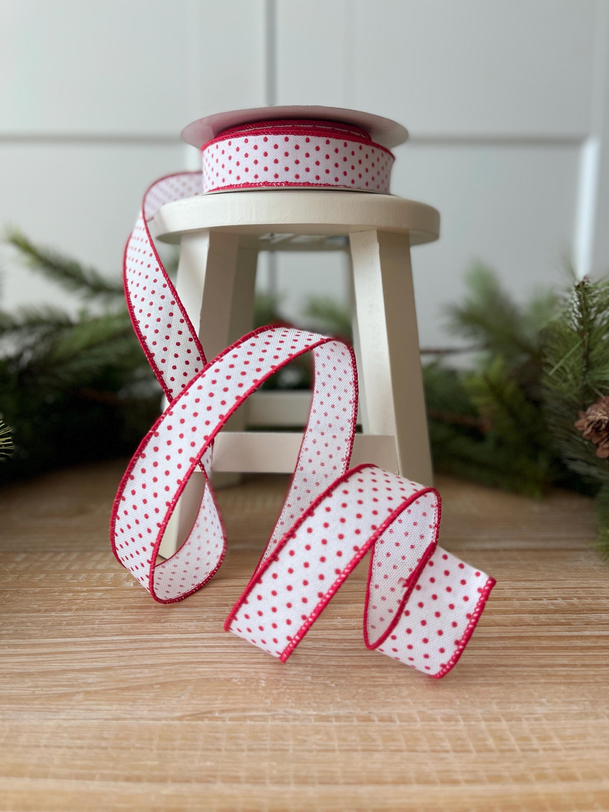 7/8" Red Ribbon, Red Swiss Dots Ribbon, Narrow RIbbon, Wired Ribbon, Craft Supply, Wreath Supply, Ribbon for Bows, Wreath Ribbon