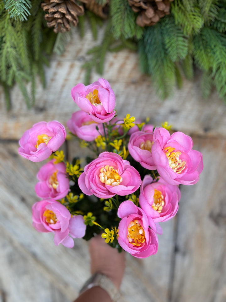 20" Pink Ranuculus Bush, Pink Yellow Floral Bush, Artificial Floral Bush