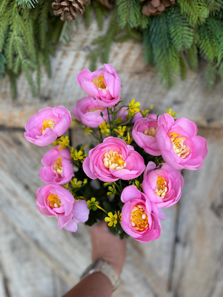 20" Pink Ranuculus Bush, Pink Yellow Floral Bush, Artificial Floral Bush