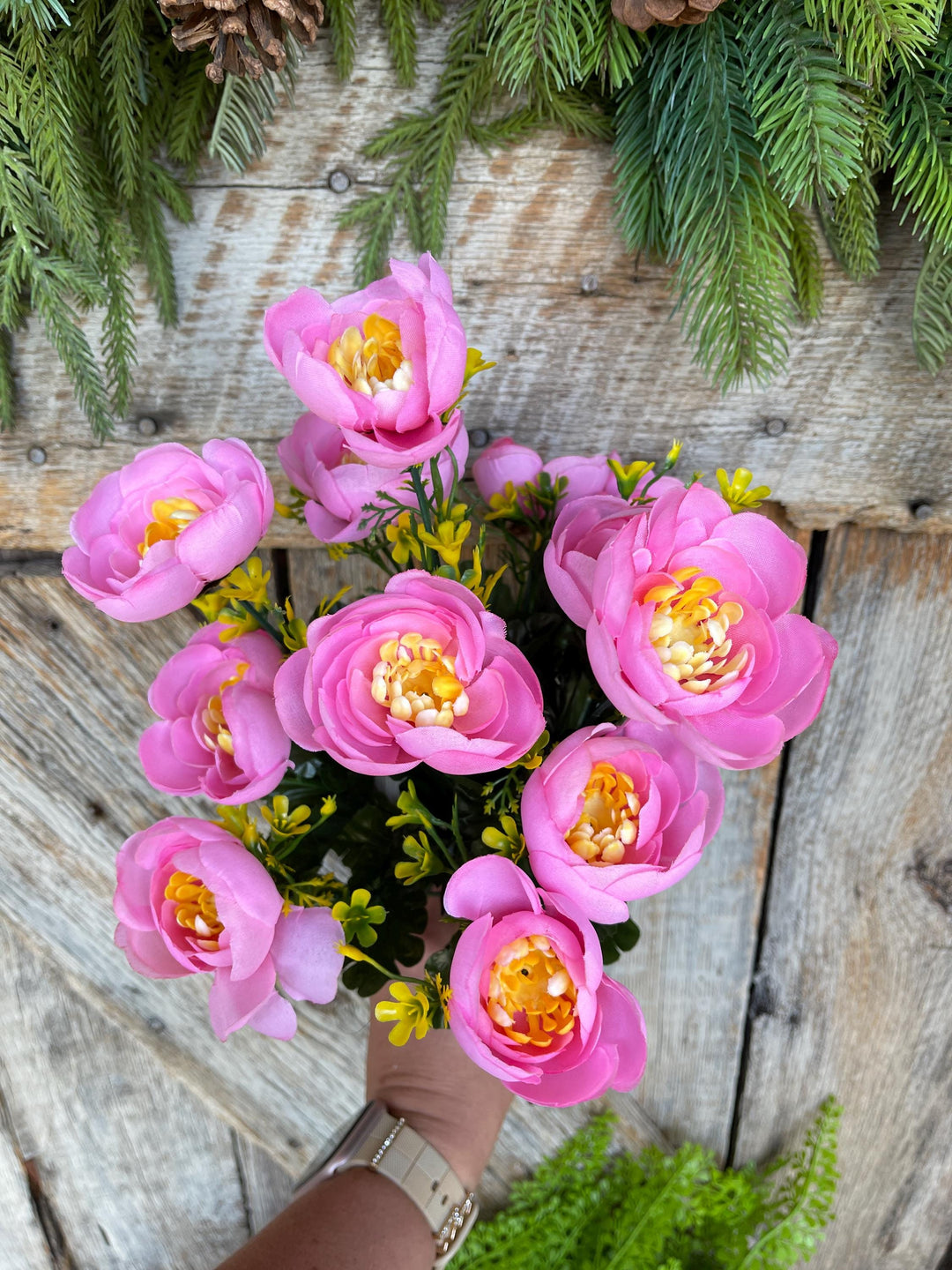 20" Pink Ranuculus Bush, Pink Yellow Floral Bush, Artificial Floral Bush