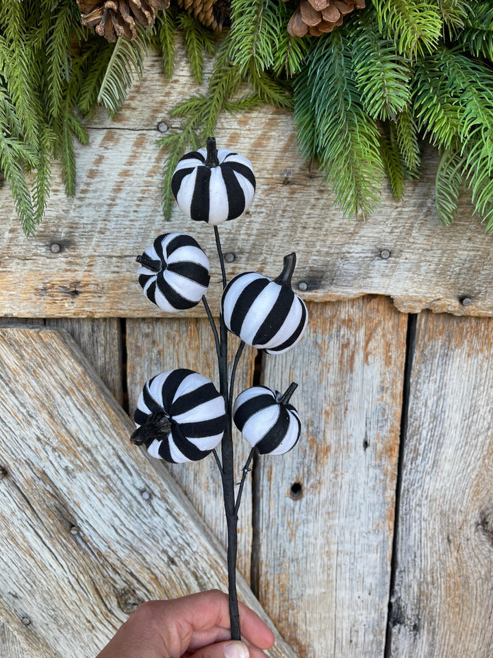 16" Black White Pumpkin Spray, Halloween Picks Sprays, Black White Stripe Pumpkin Spray