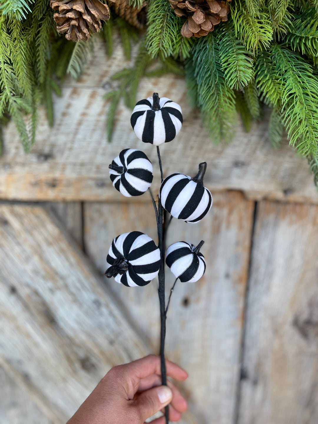 16" Black White Pumpkin Spray, Halloween Picks Sprays, Black White Stripe Pumpkin Spray