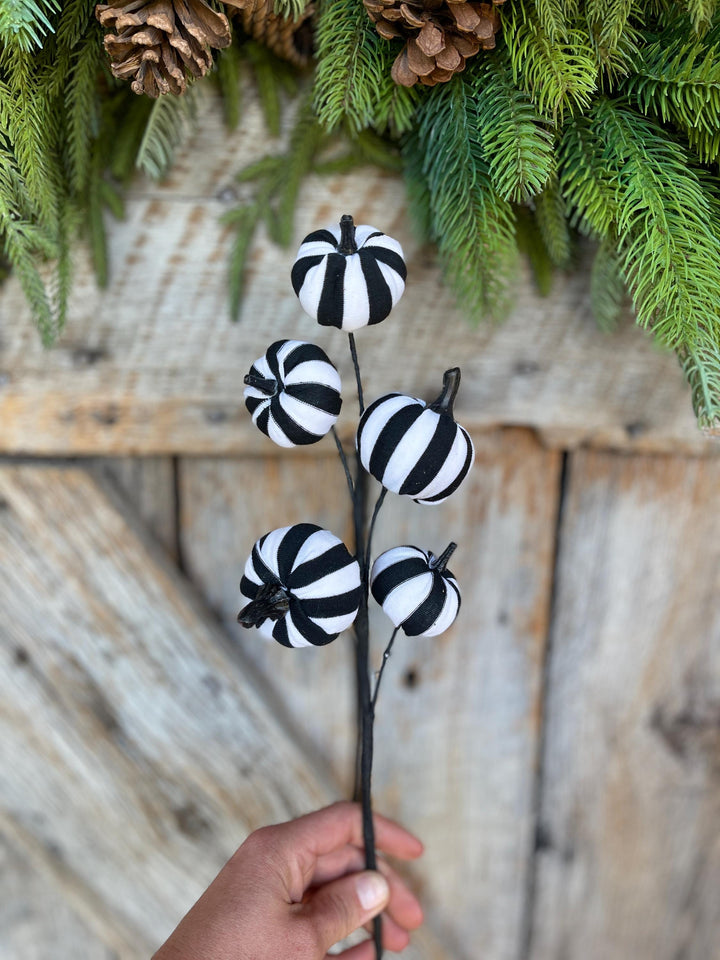 16" Black White Pumpkin Spray, Halloween Picks Sprays, Black White Stripe Pumpkin Spray