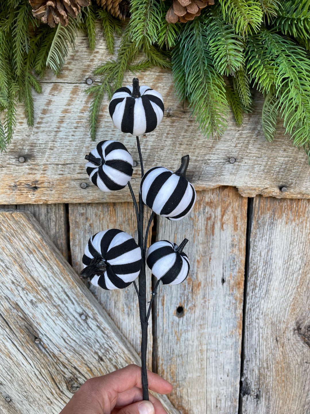 16" Black White Pumpkin Spray, Halloween Picks Sprays, Black White Stripe Pumpkin Spray