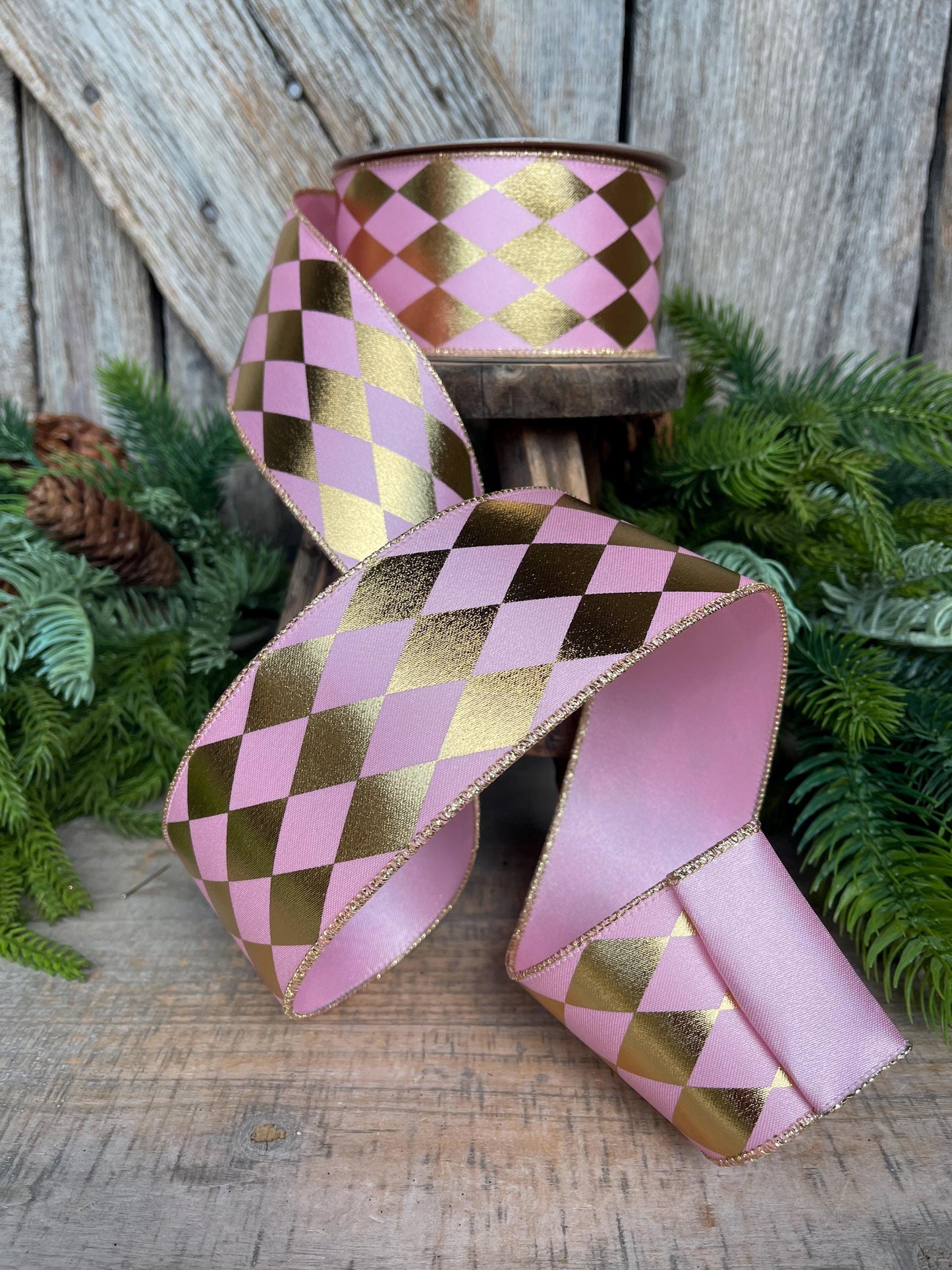 2.5" Pink Gold Harlequin Ribbon, Farrisilk Ribbon, Wired Ribbon