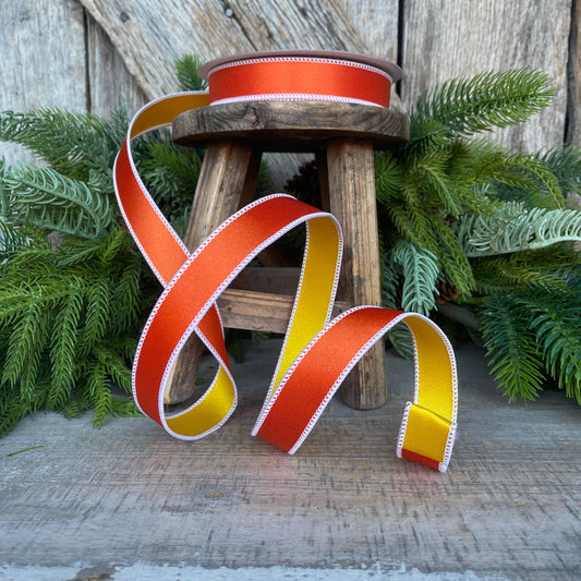 1" Orange Yellow Satin Ribbon, Farrisilk Ribbon, Candy Corn Ribbon,Wired Ribbon, RIbbon, Halloween Ribbon, Orange Yellow Satin Duo, RS162-32