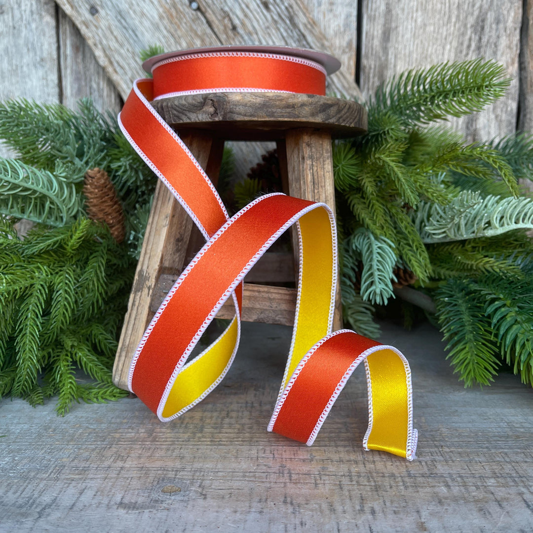 1" Orange Yellow Satin Ribbon, Farrisilk Ribbon, Candy Corn Ribbon,Wired Ribbon