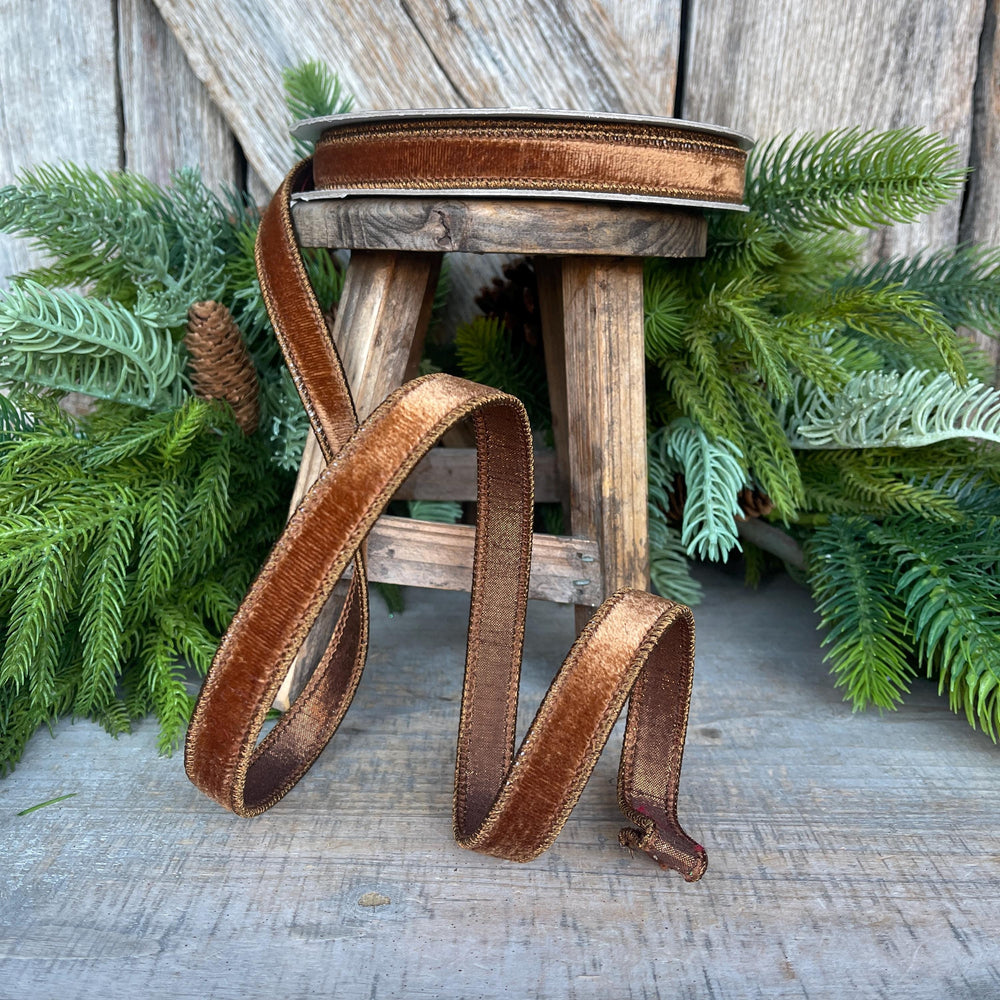 3/4” Pecan Brown Velvet Ribbon, Farrisilk ribbon, Brown Velvet ribbon