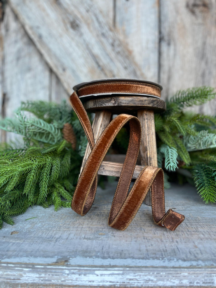 3/4” Pecan Brown Velvet Ribbon, Farrisilk ribbon, Brown Velvet ribbon
