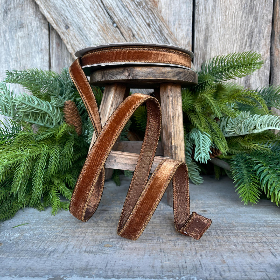 3/4” Pecan Brown Velvet Ribbon, Farrisilk ribbon, Brown Velvet ribbon