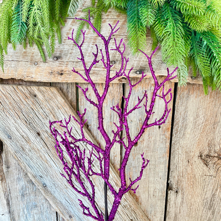 31" Purple Glitter Twig Halloween Spray, Purple Spray, Halloween Floral Stem