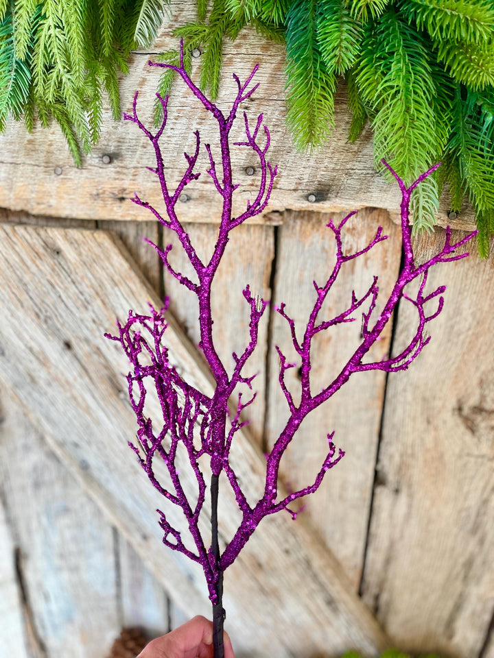 31" Purple Glitter Twig Halloween Spray, Purple Spray, Halloween Floral Stem