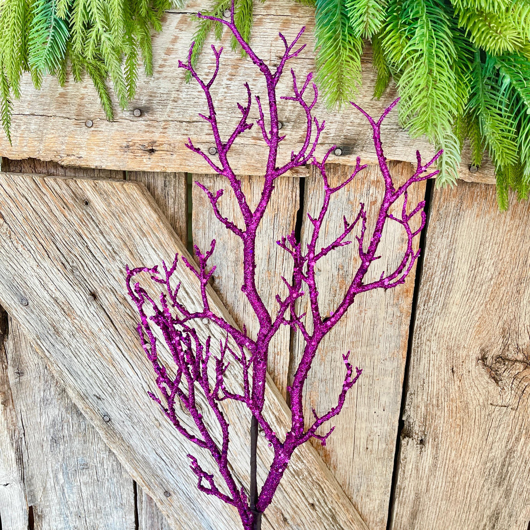 31" Purple Glitter Twig Halloween Spray, Purple Spray, Halloween Floral Stem