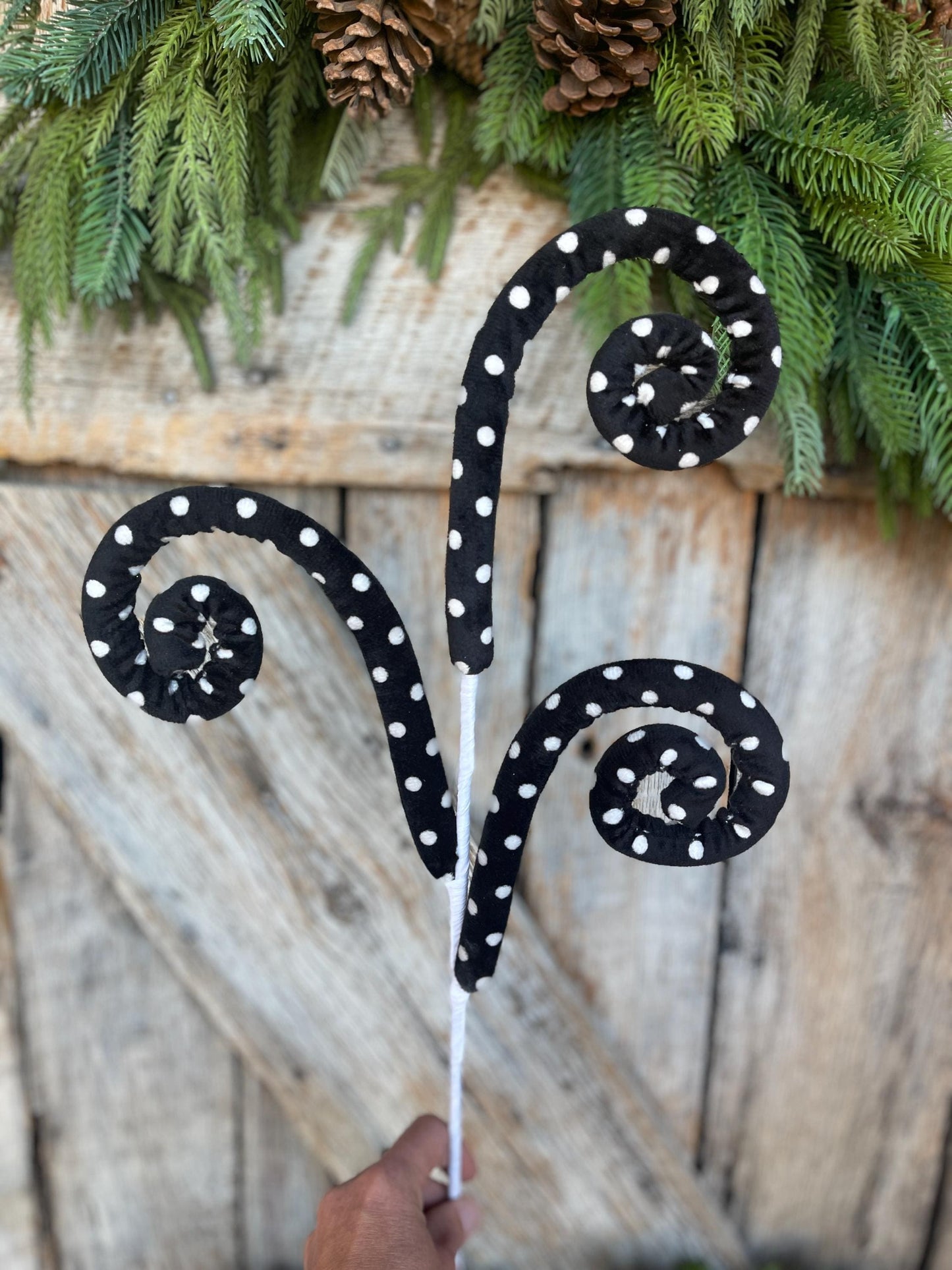 27" Black White Polka Dot Spray, Velvet Halloween Spray, Floral Spray, Curly Spray, Black White Spray, 62376BKWT