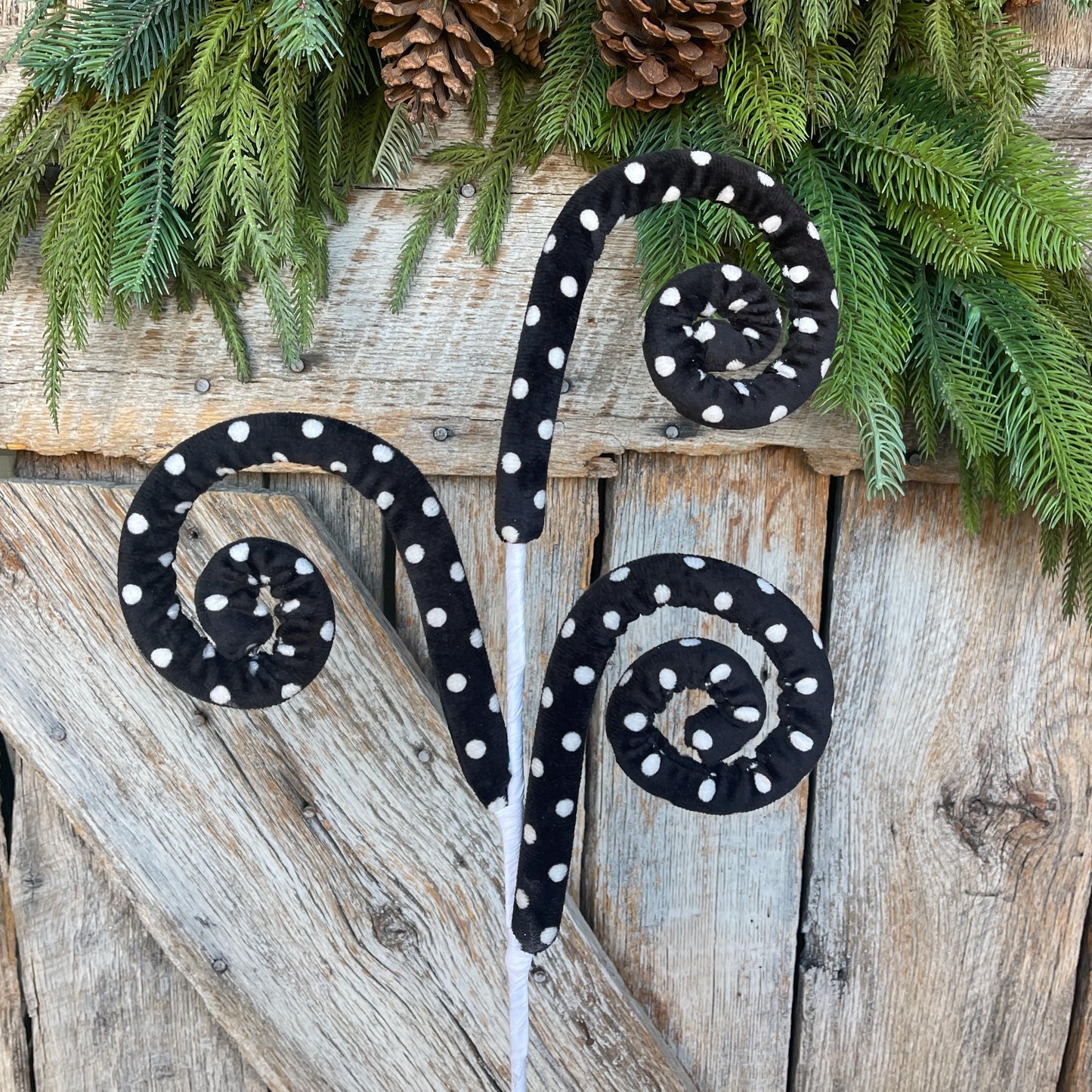27" Black White Polka Dot Spray, Velvet Halloween Spray, Floral Spray, Curly Spray, Black White Spray, 62376BKWT