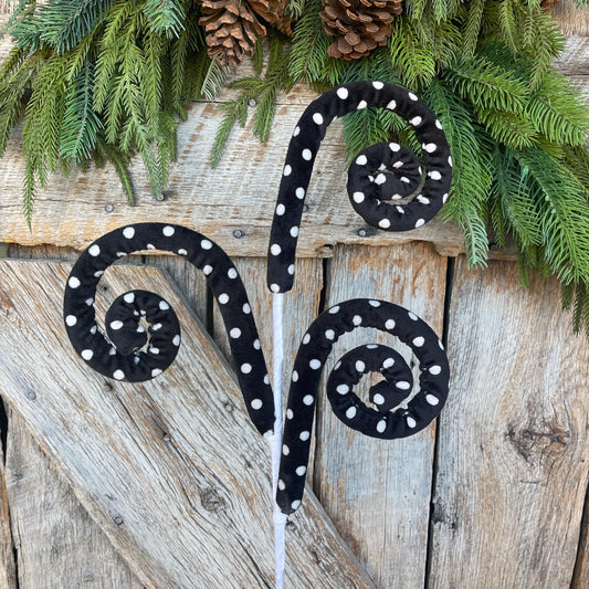 27" Black White Polka Dot Spray, Velvet Halloween Spray, Floral Spray, Curly Spray, Black White Spray, 62376BKWT