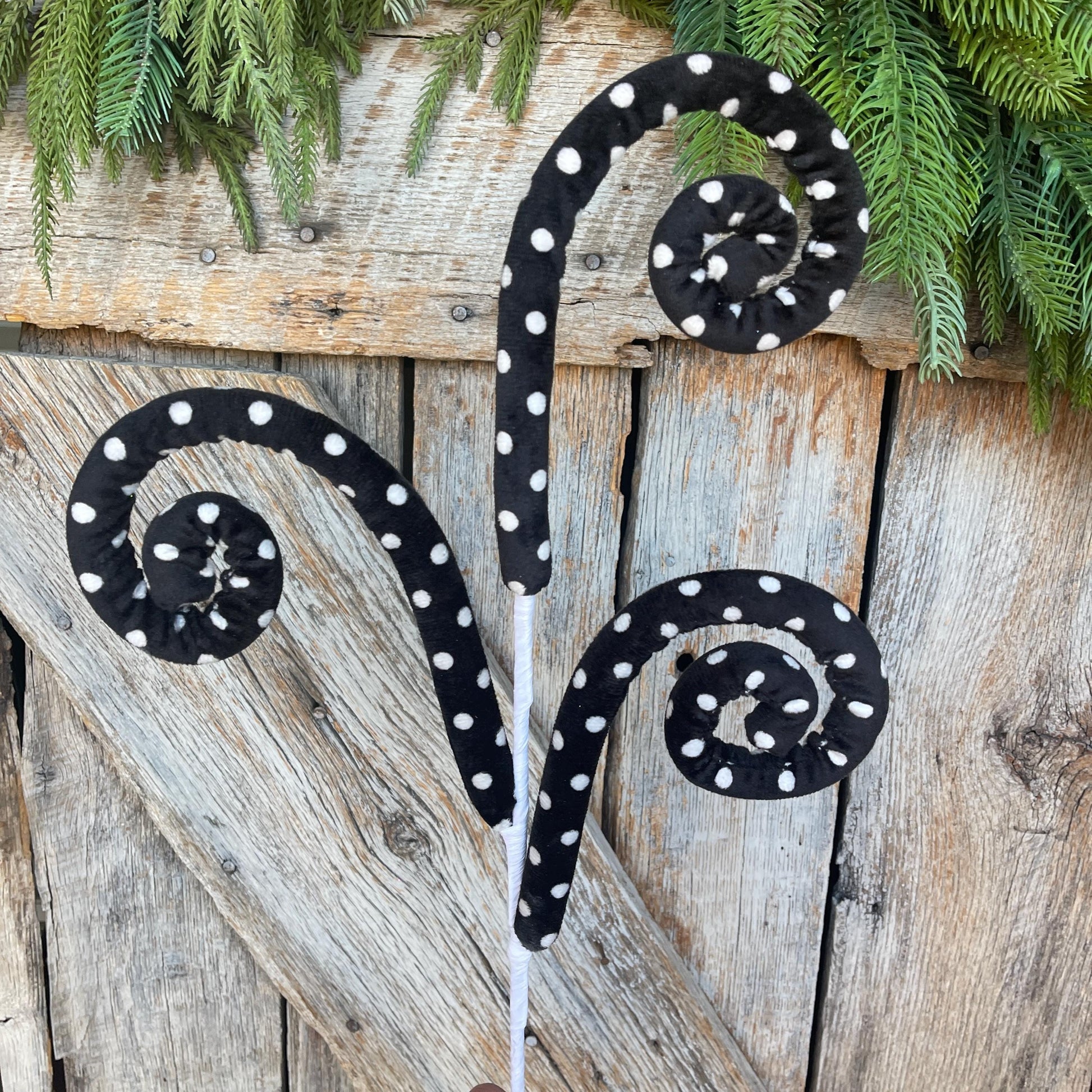 27" Black White Polka Dot Spray, Velvet Halloween Spray, Floral Spray, Curly Spray, Black White Spray, 62376BKWT