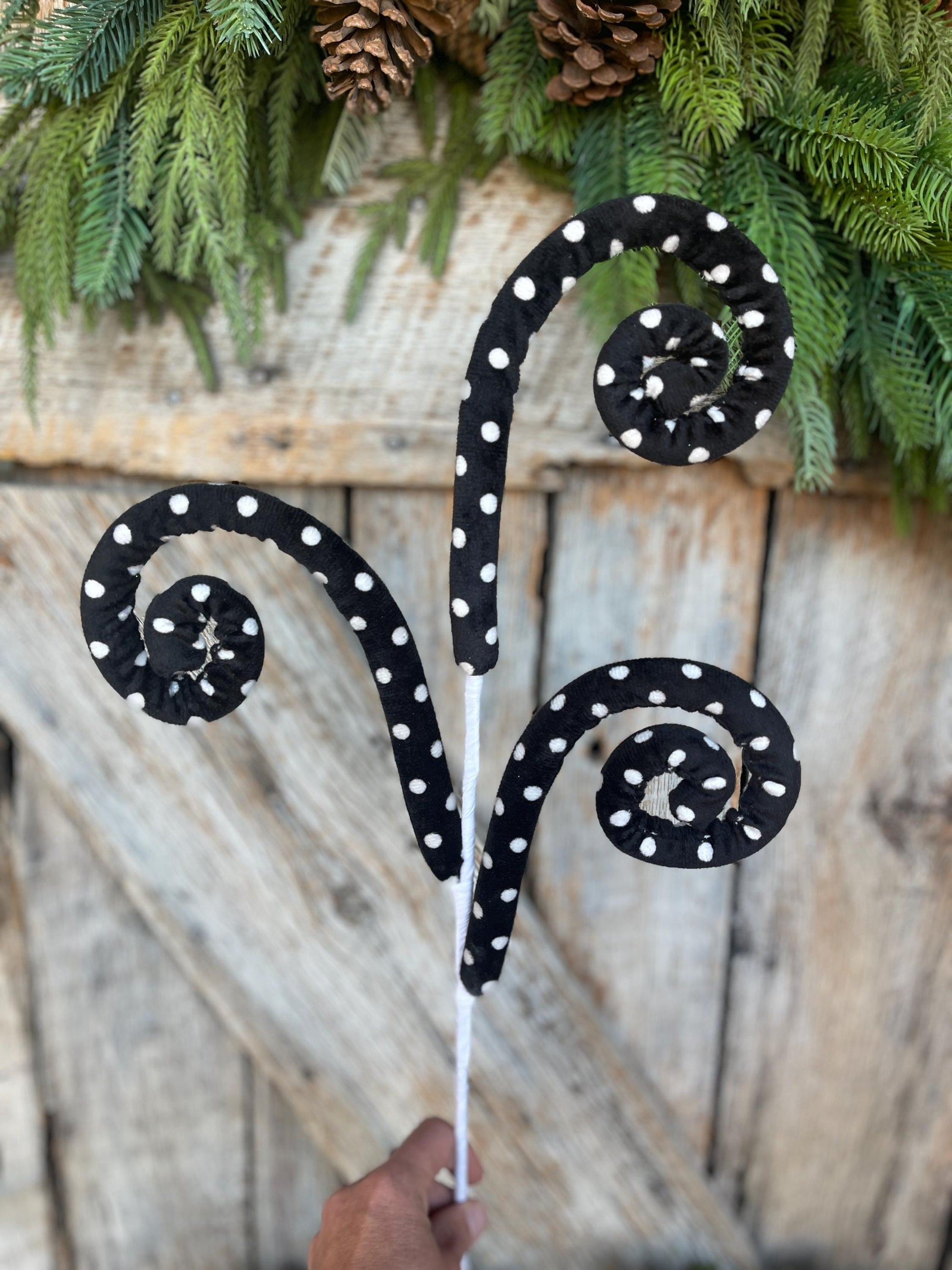 27" Black White Polka Dot Spray, Velvet Halloween Spray, Floral Spray, Curly Spray, Black White Spray, 62376BKWT