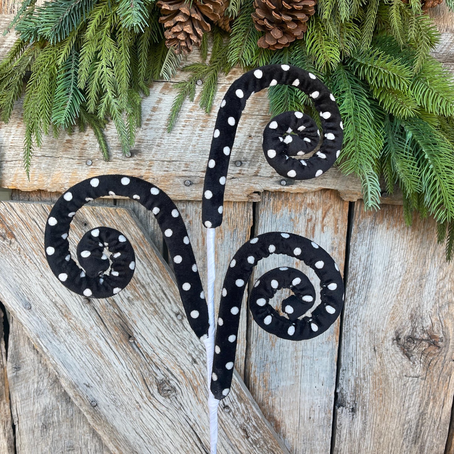 27" Black White Polka Dot Spray, Velvet Halloween Spray, Floral Spray, Curly Spray, Black White Spray, 62376BKWT