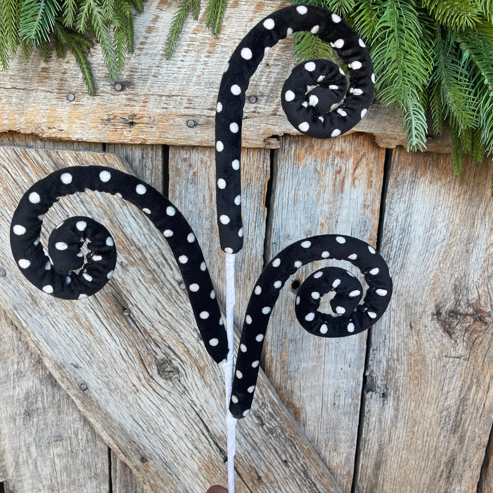 27" Black White Polka Dot Spray, Velvet Halloween Spray, Floral Spray, Curly Spray, Black White Spray, 62376BKWT