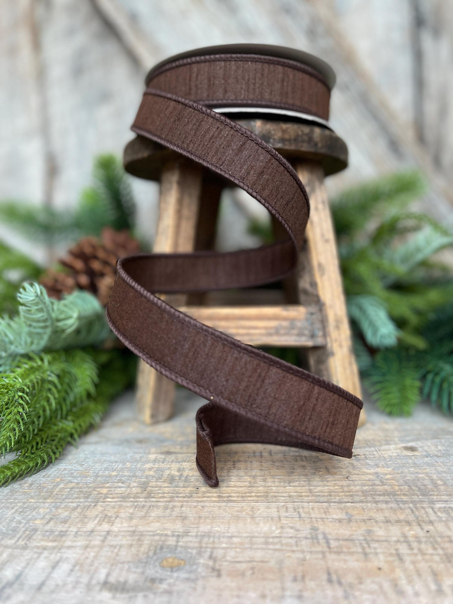 1” Chocolate Brown Dupion Ribbon, Fall ribbon, Christmas ribbon