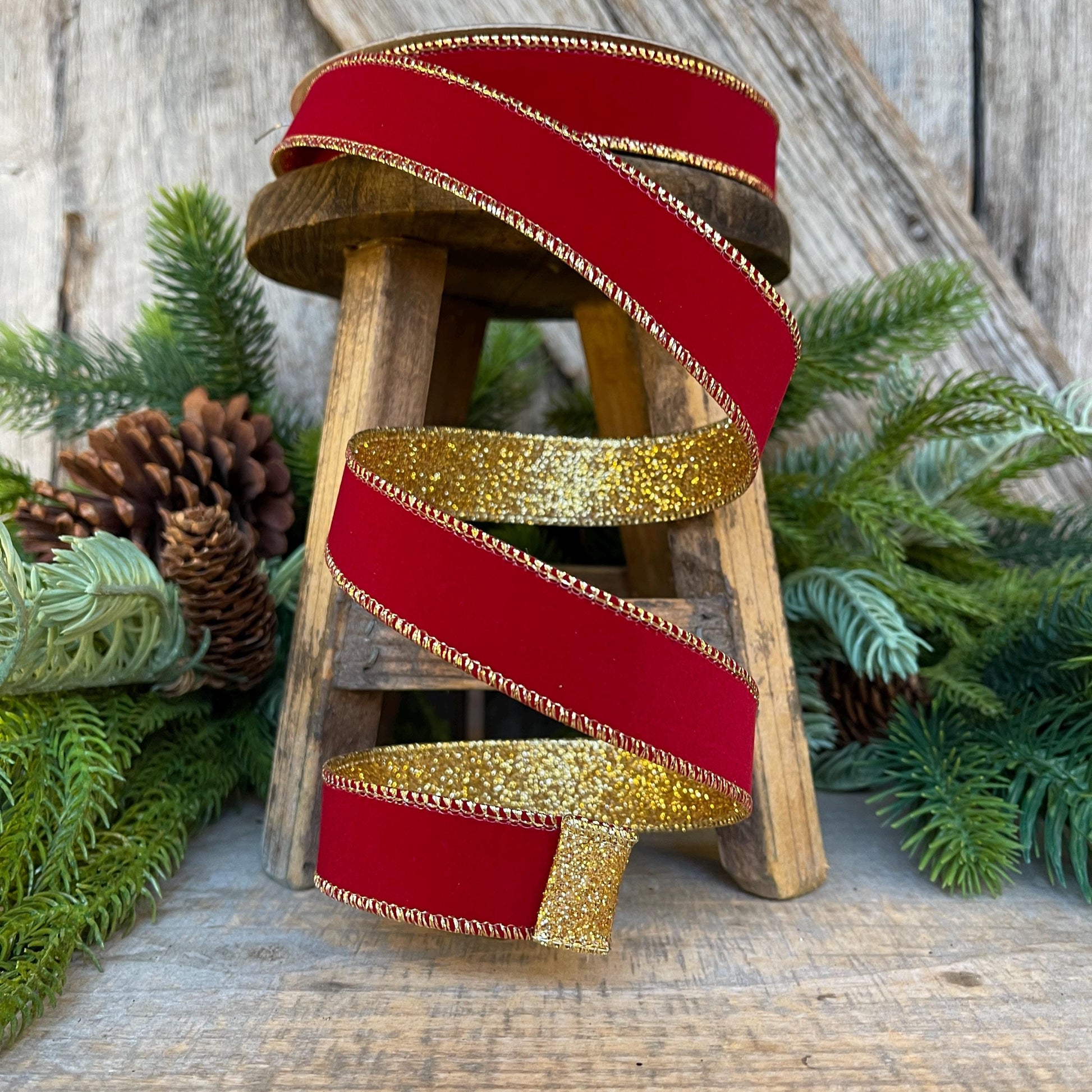 1" Red Gold Ribbon, Red Gold Gleam Ribbon, Farrisilk Ribbon, Wired Ribbon, Christmas Ribbon, Narrow Ribbon, Christmas Tree Ribbon