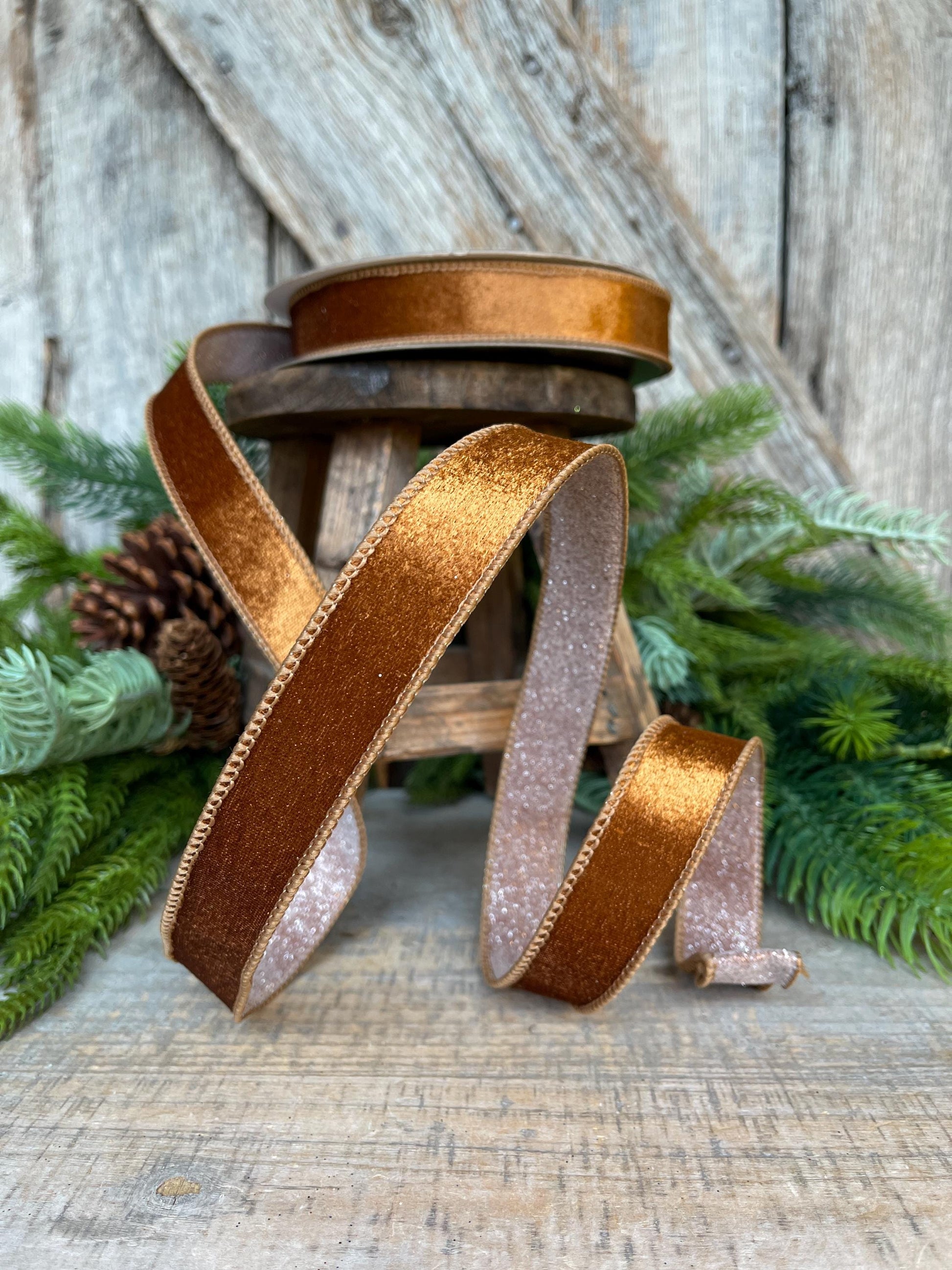 1" Pecan Brown Velvet Ribbon, Farrisilk Ribbon, Brown Ribbon, Christmas Ribbon, Plush Stardust ribbon, Designer Ribbon, RS206-35