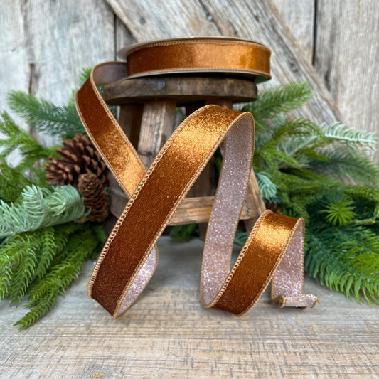 1" Pecan Brown Velvet Ribbon, Farrisilk Ribbon, Brown Ribbon, Christmas Ribbon, Plush Stardust ribbon, Designer Ribbon, RS206-35