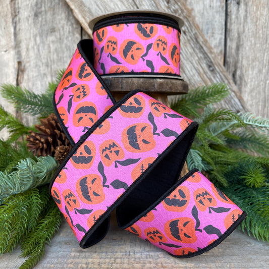 2.5" Halloween Ribbon, Farrisilk Ribbon, Pink Orange Pumpkin Ribbon, Halloween Pumpkin Ribbon, jack o lantern ribbon, HR048-52