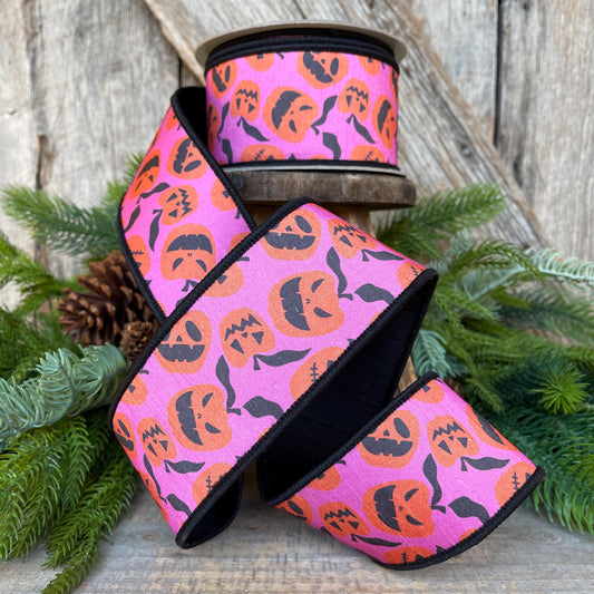 2.5" Halloween Ribbon, Farrisilk Ribbon, Pink Orange Pumpkin Ribbon