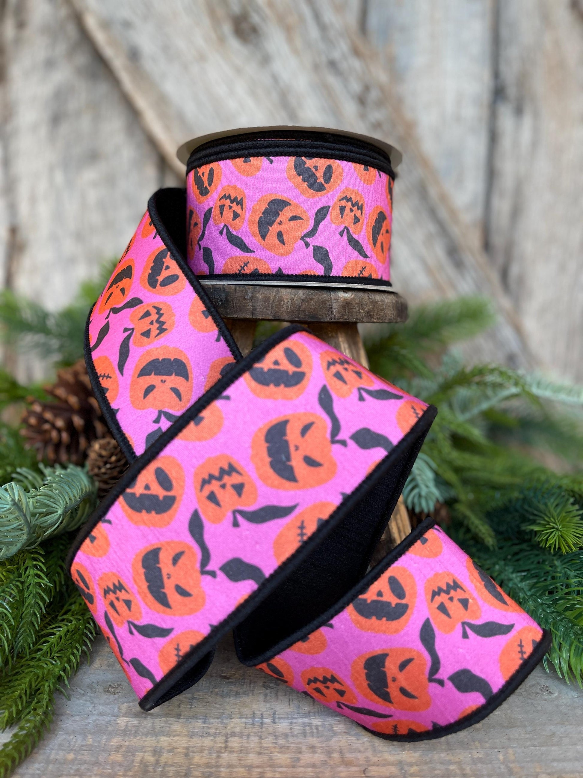 2.5" Halloween Ribbon, Farrisilk Ribbon, Pink Orange Pumpkin Ribbon