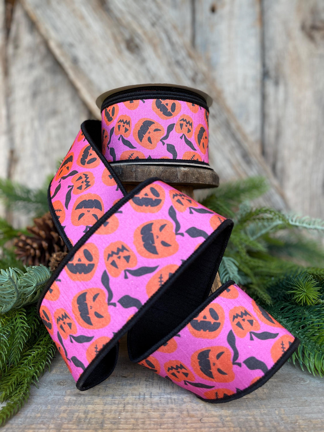2.5" Halloween Ribbon, Farrisilk Ribbon, Pink Orange Pumpkin Ribbon