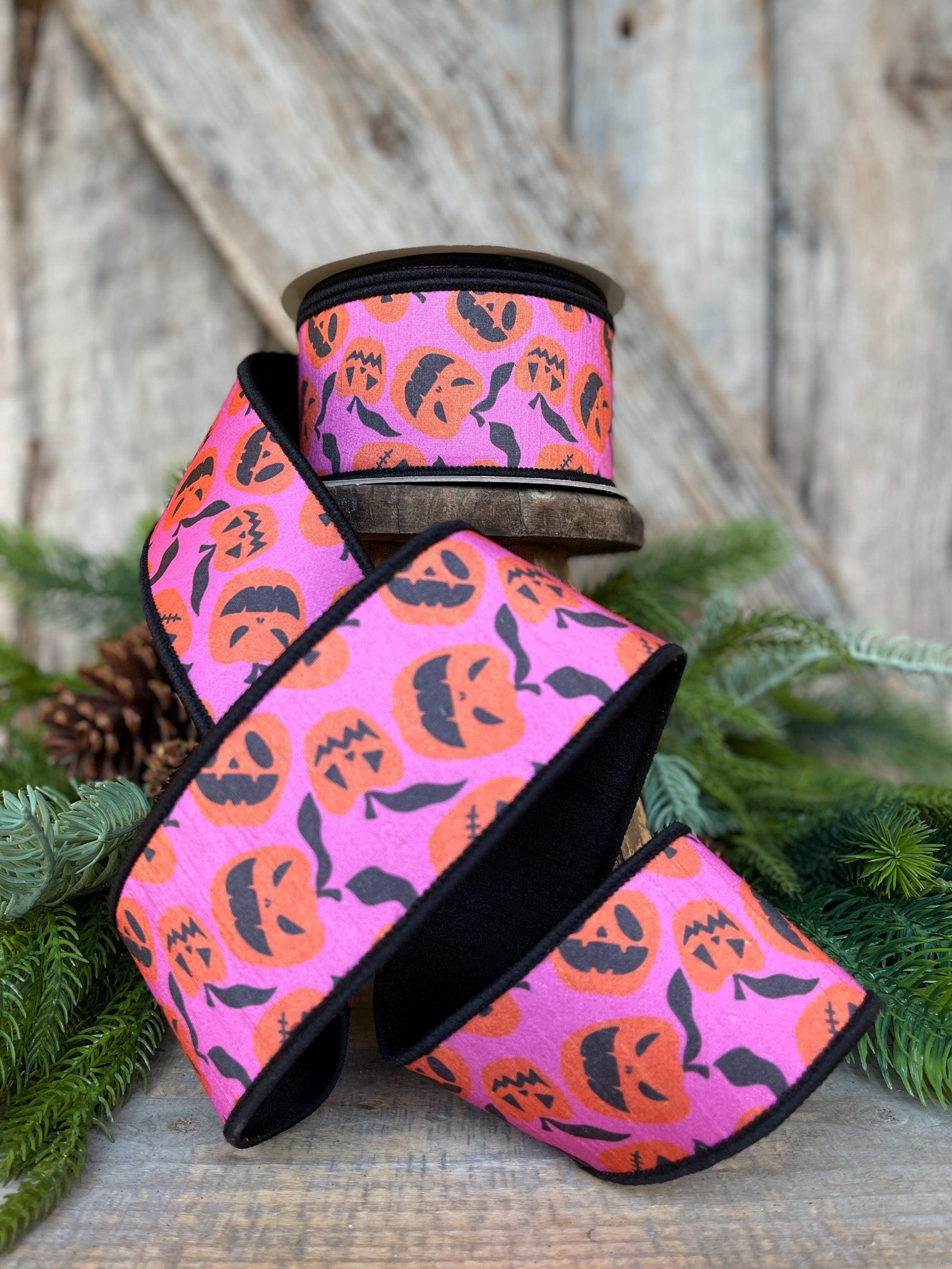 2.5" Halloween Ribbon, Farrisilk Ribbon, Pink Orange Pumpkin Ribbon, Halloween Pumpkin Ribbon, jack o lantern ribbon, HR048-52