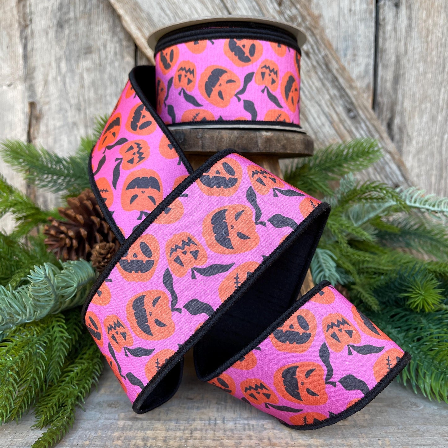 2.5" Halloween Ribbon, Farrisilk Ribbon, Pink Orange Pumpkin Ribbon