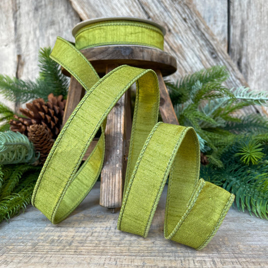 1" Olive Green Dupion Ribbon, Farrisilk Ribbon, Wired RIbbon, CHristmas RIbbon, Olive Green RIbbon, Lime Green Ribbon, RK608-76