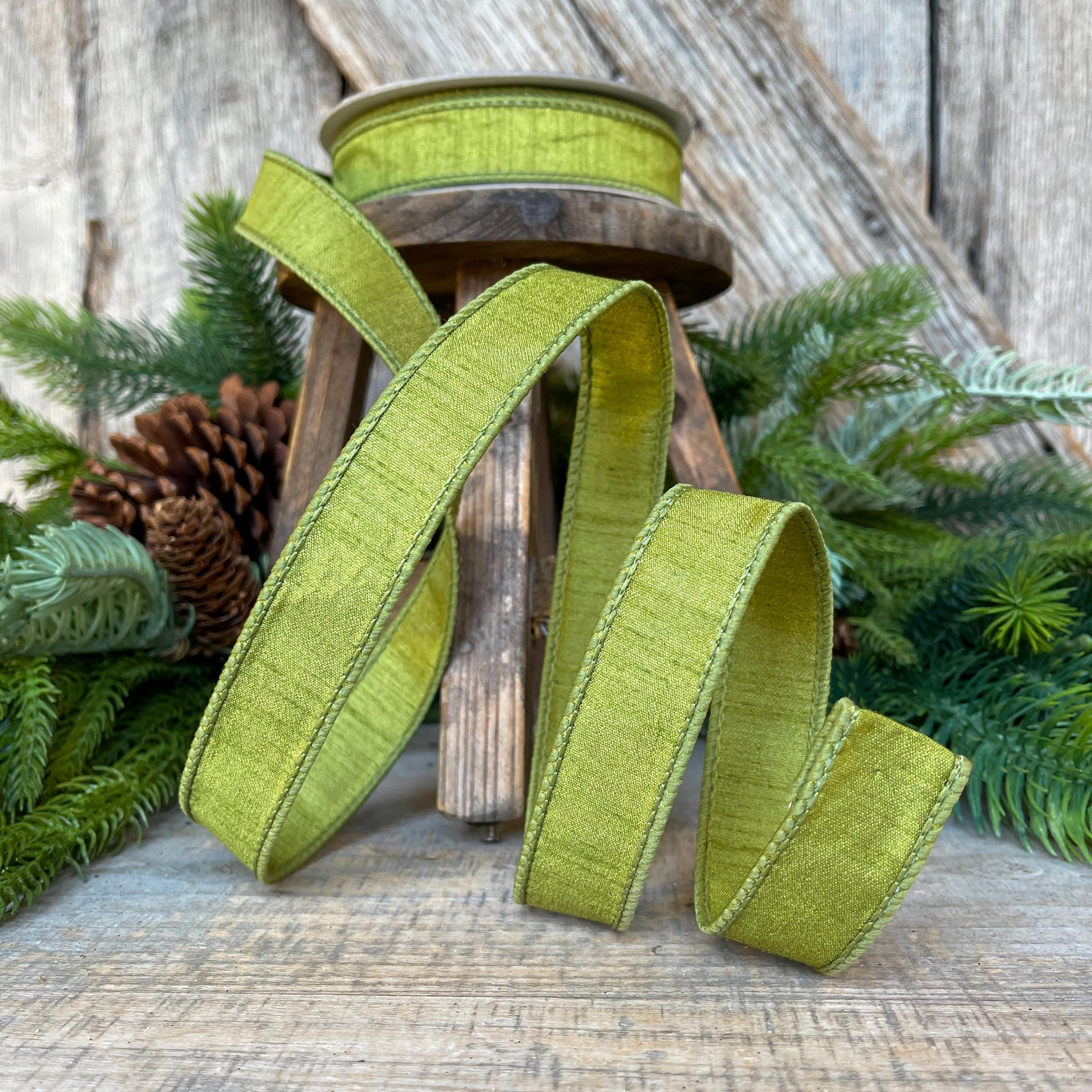1" Olive Green Dupion Ribbon, Farrisilk Ribbon, Wired RIbbon, CHristmas RIbbon, Olive Green RIbbon, Lime Green Ribbon, RK608-76