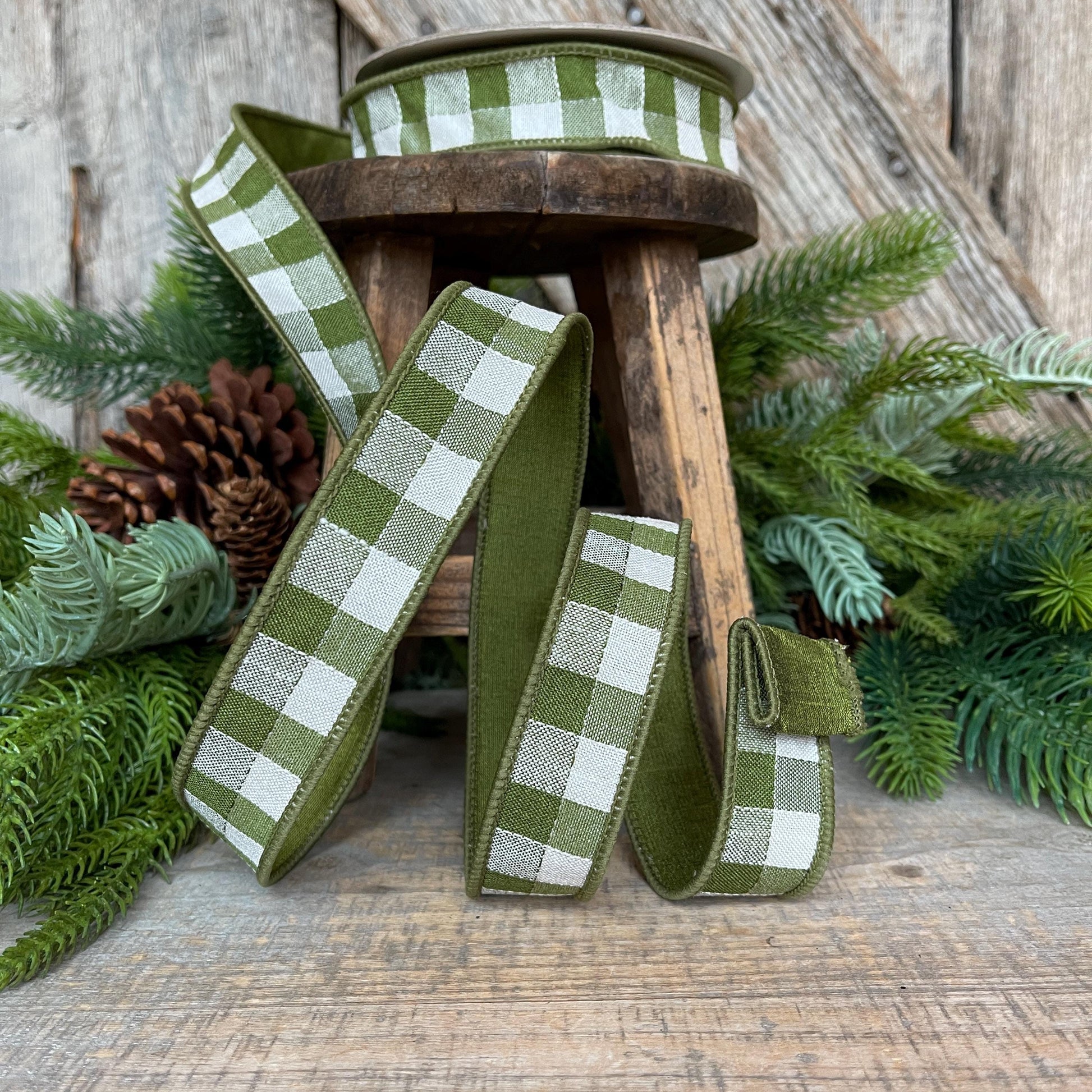 1" Olive Green Stitchery Ribbon, Farrisilk Ribbon, Green Ribbon