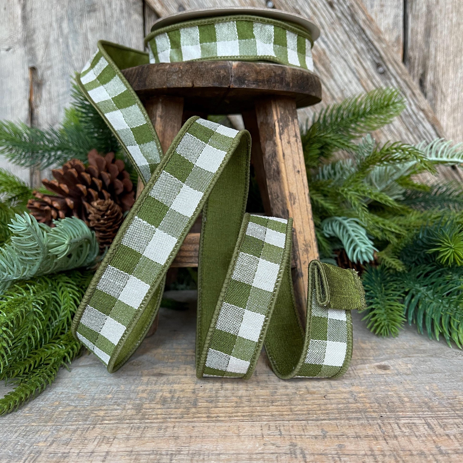 1" Olive Green Stitchery Ribbon, Farrisilk Ribbon, Green Ribbon