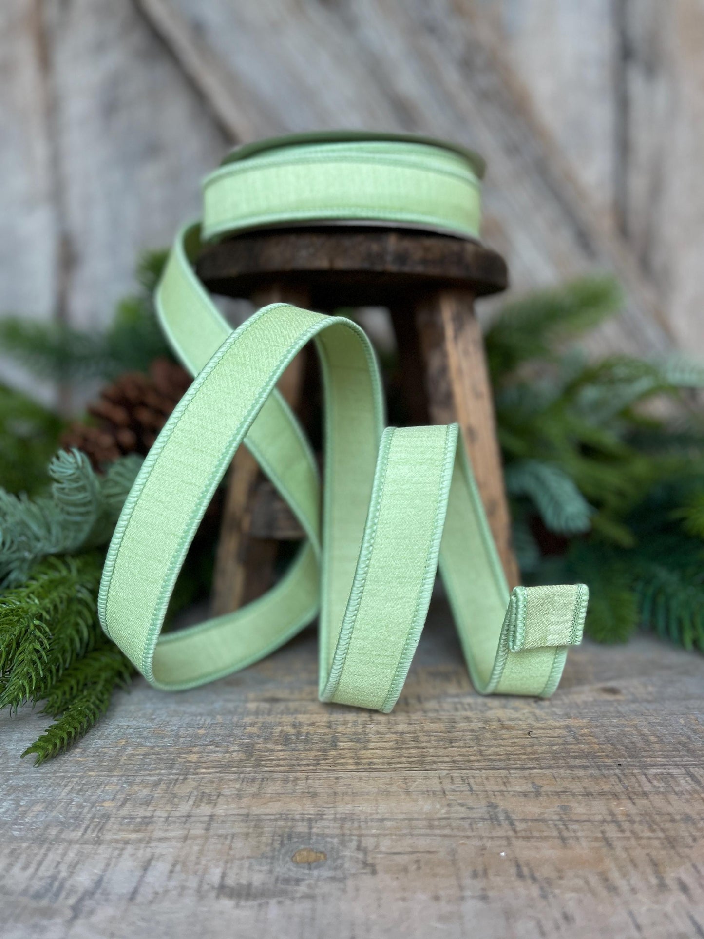 1" Mint Green Dupion Ribbon, Farrisilk Ribbon, Wired Ribbon