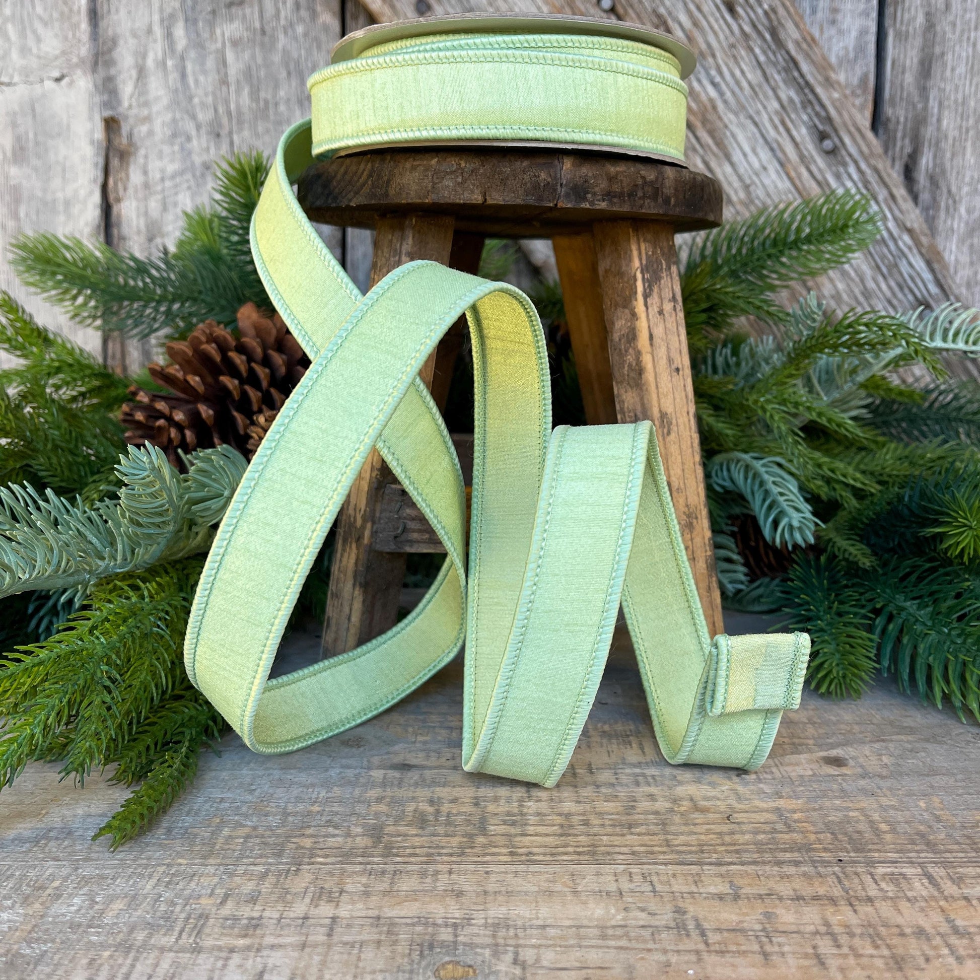 1" Mint Green Dupion Ribbon, Farrisilk Ribbon, Wired Ribbon