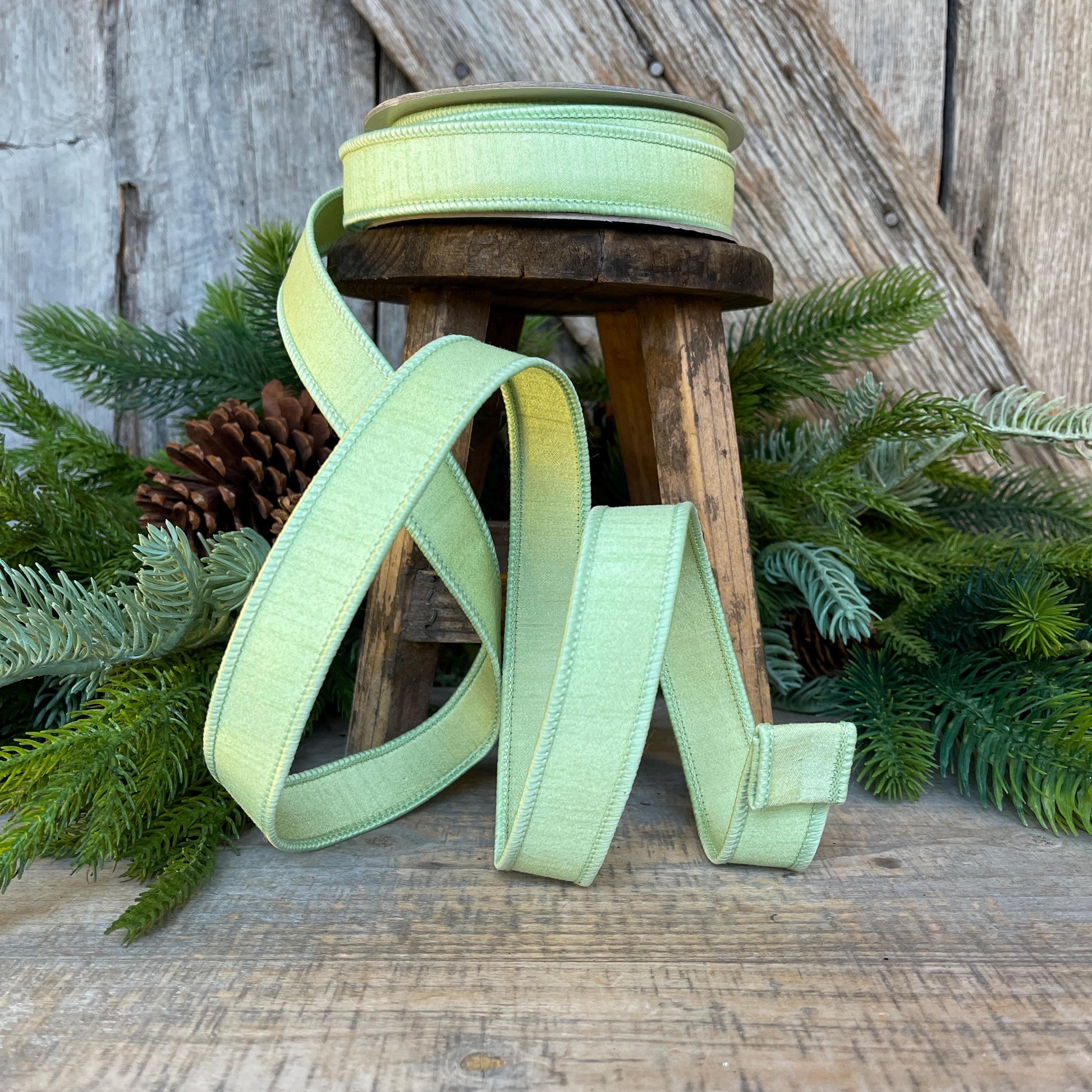 1" Mint Green Dupion Ribbon, Farrisilk Ribbon, Wired Ribbon