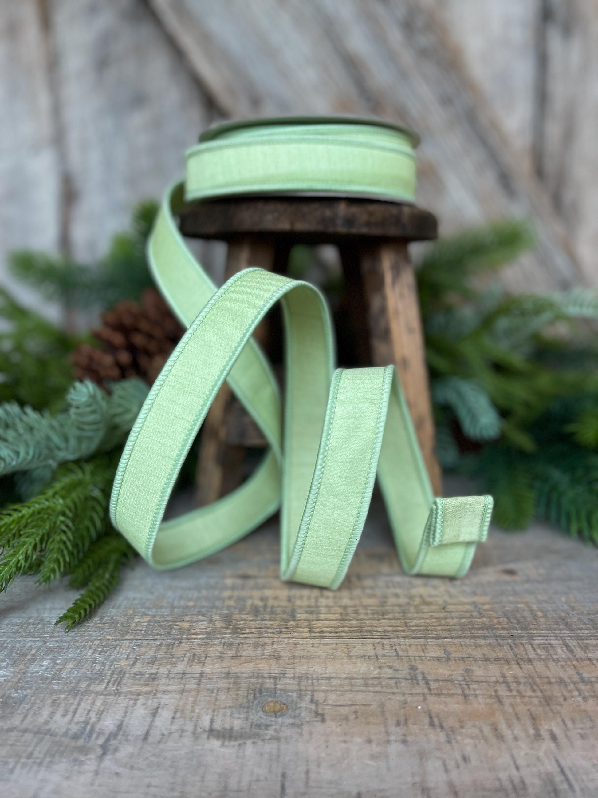 1" Mint Green Dupion Ribbon, Farrisilk Ribbon, Wired Ribbon