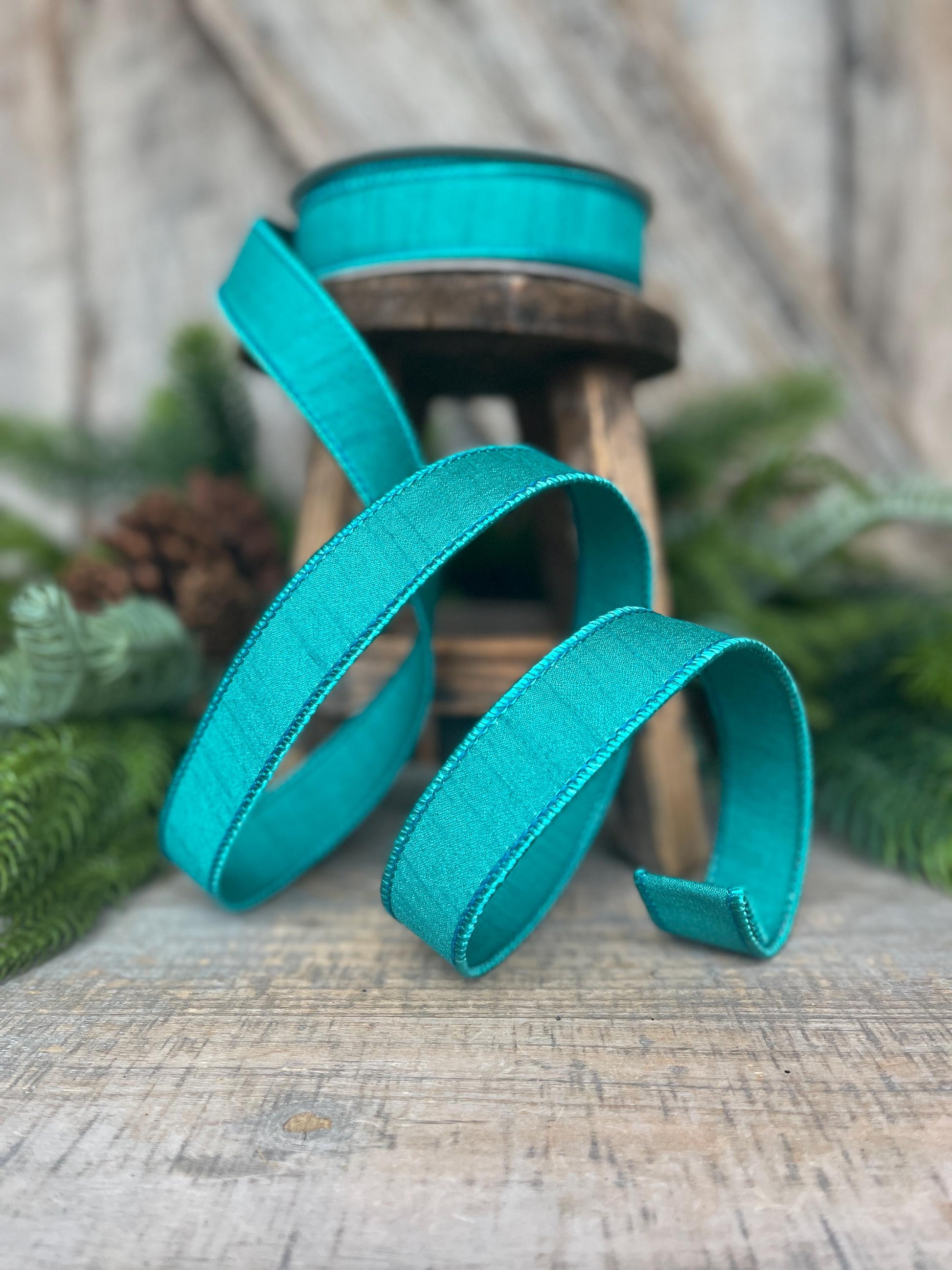 1" Teal Blue Dupion Ribbon, Farrisilk Ribbon, Wired Ribbon