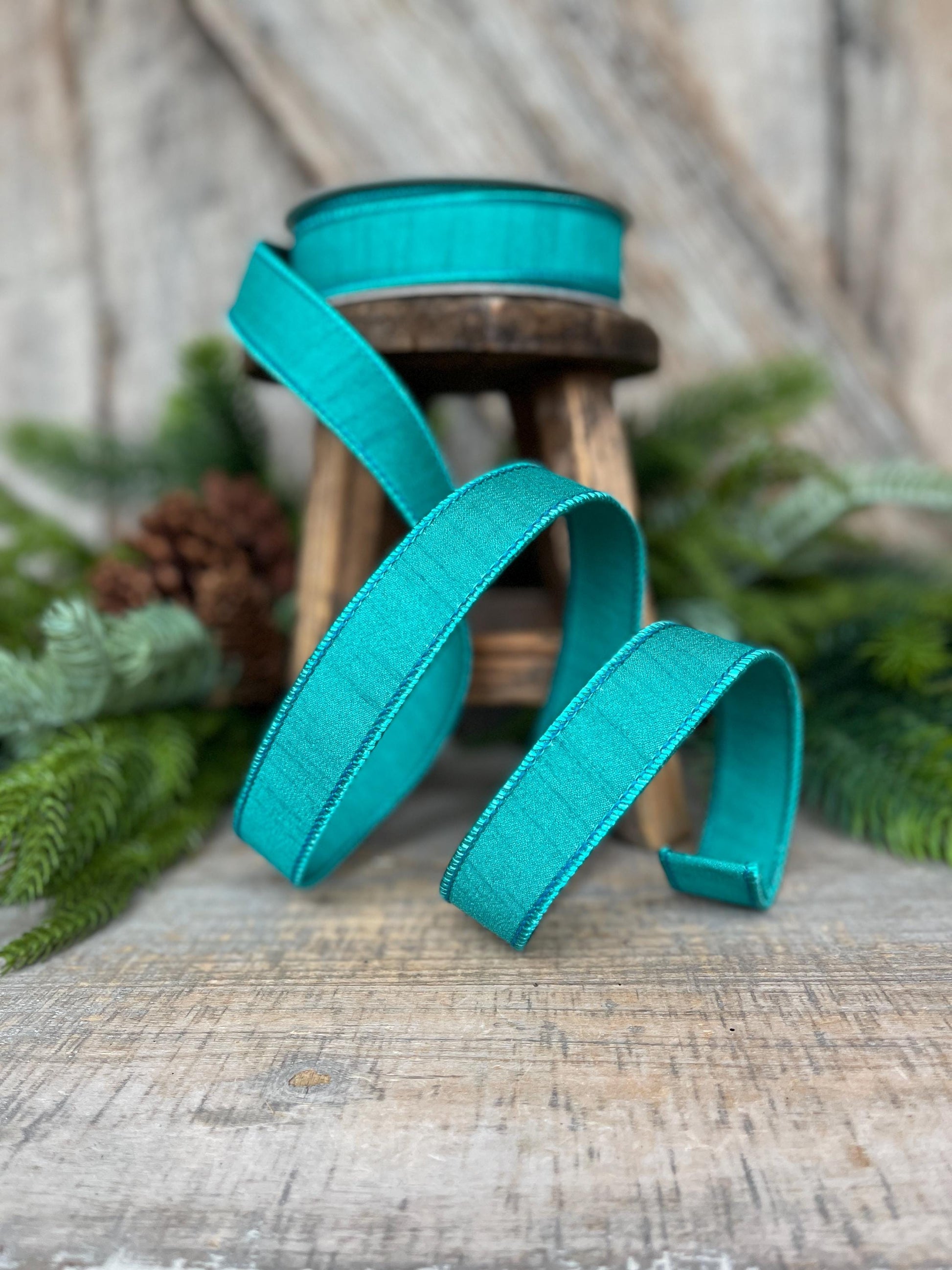 1" Teal Blue Dupion Ribbon, Farrisilk Ribbon, Wired Ribbon
