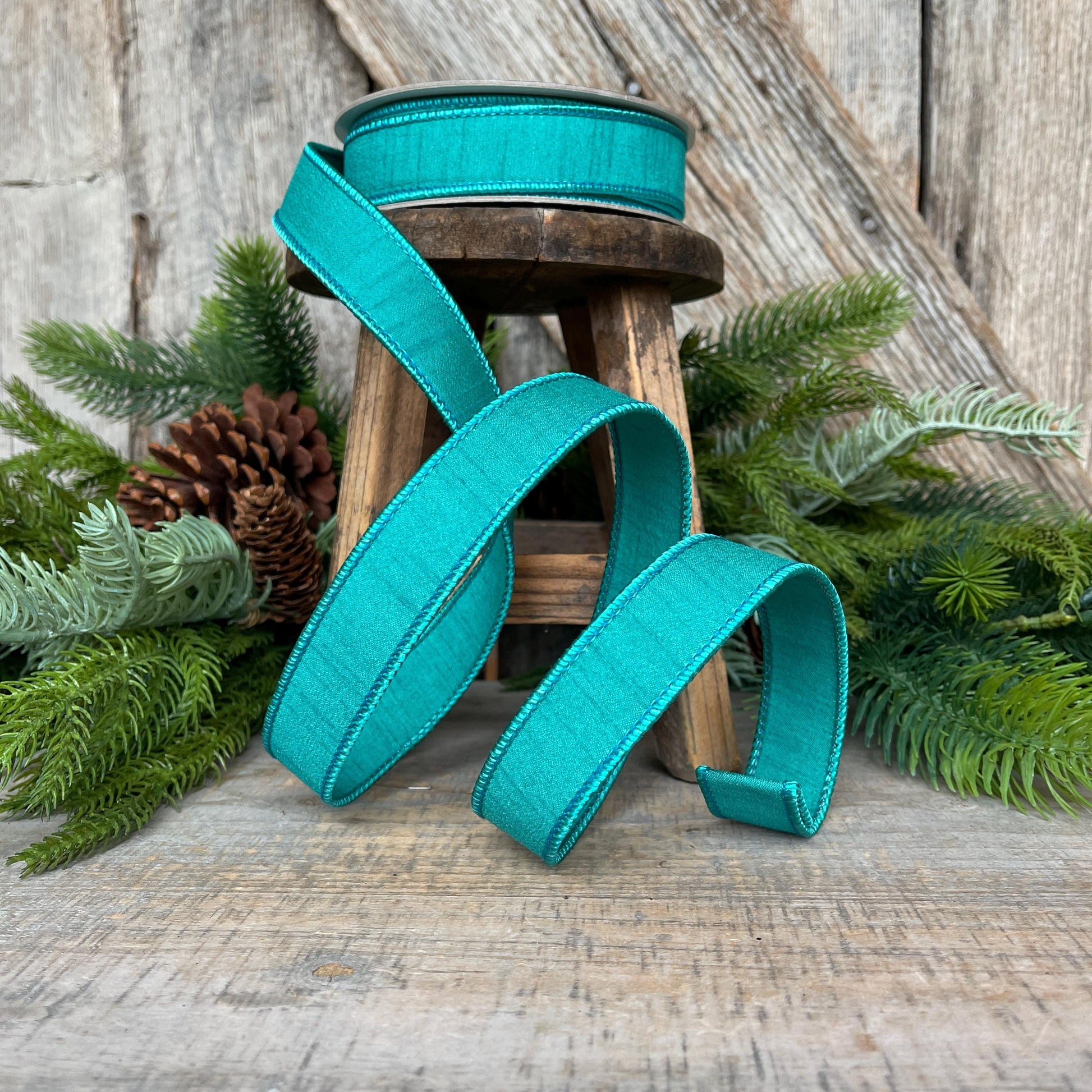 1" Teal Blue Dupion Ribbon, Farrisilk Ribbon, Wired Ribbon