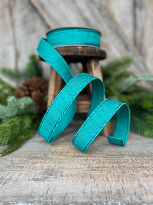 1" Teal Blue Dupion Ribbon, Farrisilk Ribbon, Wired Ribbon