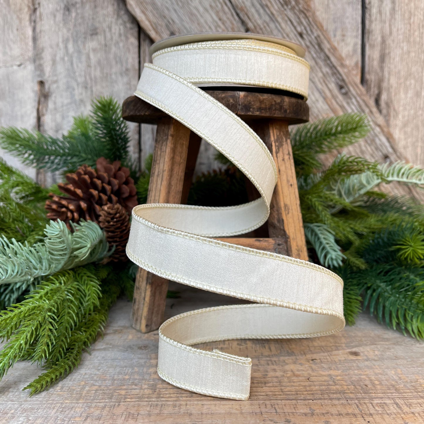 1" Cream Dupion Ribbon, Farrisilk Ribbon, Wired Ribbon