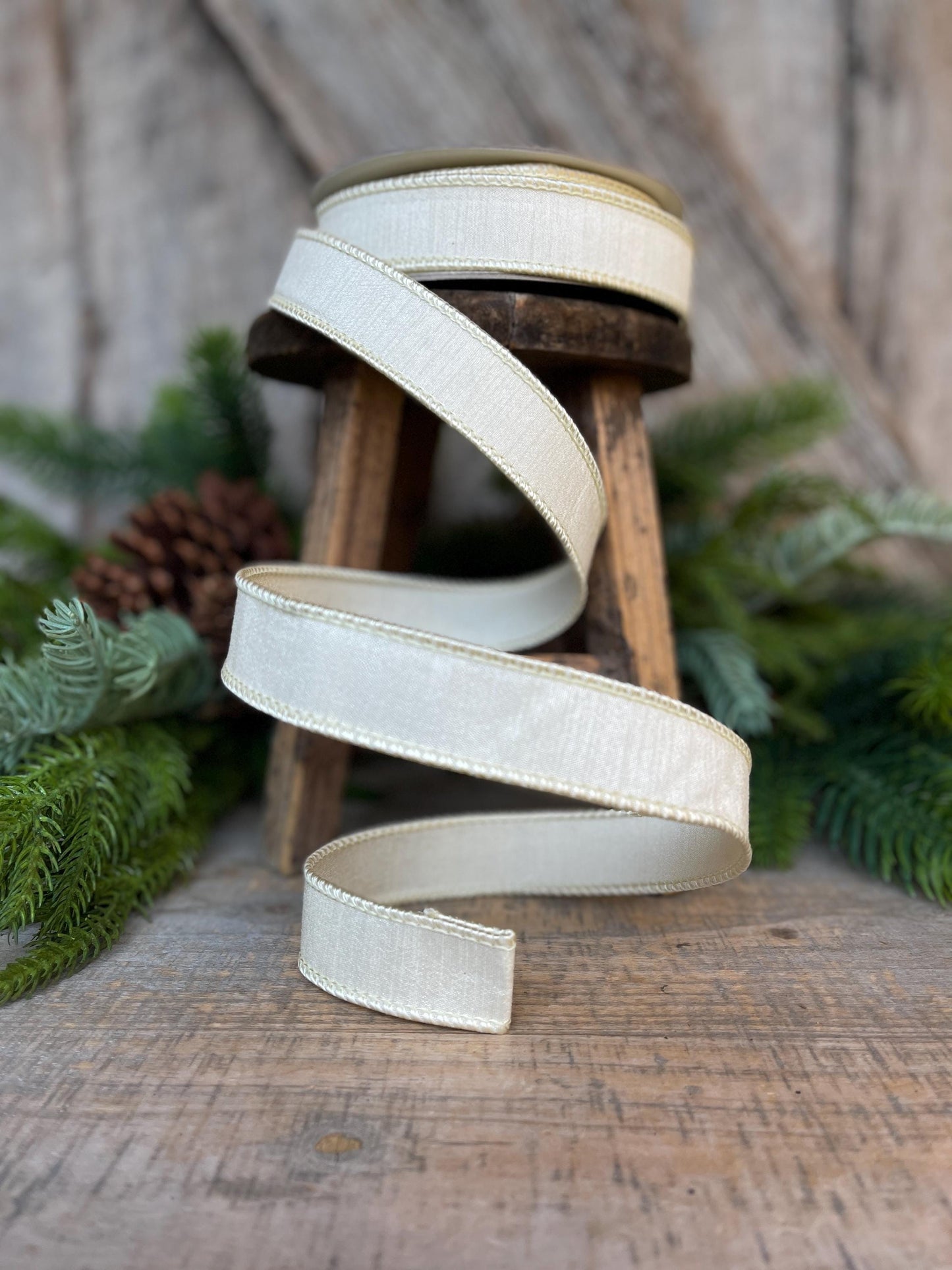 1" Cream Dupion Ribbon, Farrisilk Ribbon, Wired Ribbon